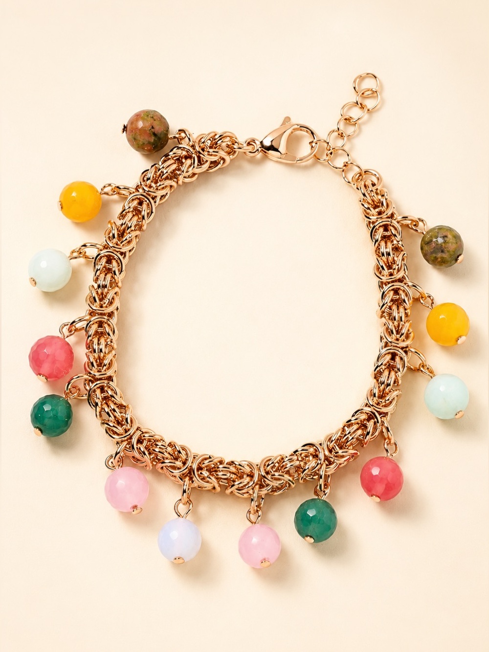 Multi Gemstone Charm Bracelet Rose Gold Tone Stainless Steel Colorful Beads 7.5”